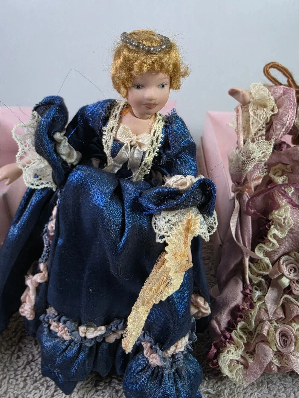 Decorative Porcelain Doll - Pink, Navy & Mauve Victorian Style Set